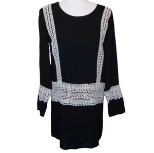 HOT & DELICIOUS BLACK LONG SLEEVE MINI-DRESS/TUNIC TOP W/EMBROIDERED TRIM.